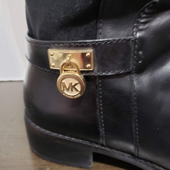 MICHAEL Michael Kors Hamilton Black Leather Stretch Zip Boots Gold Logo 7,5M - Picture 9 of 16
